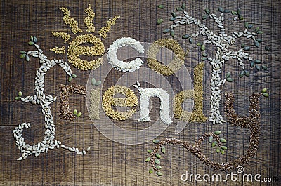 Eco Friendly written and decorated in seeds Stock Photo