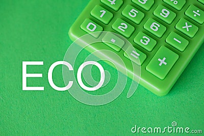 ECO, Green calculator on Green background. Environmental, Social, Corporate Governance. Green Credit Stock Photo