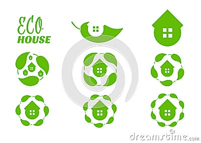 Eco house leaf logo. Icon set circle shape. Healthy lifestyle concept. Symbols for eco real estate. Vector illustration Cartoon Illustration