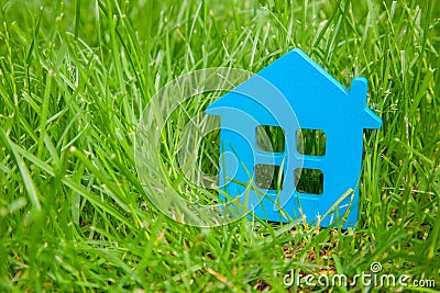 Eco house in nature. Symbol of house blue on green grass in summer Stock Photo