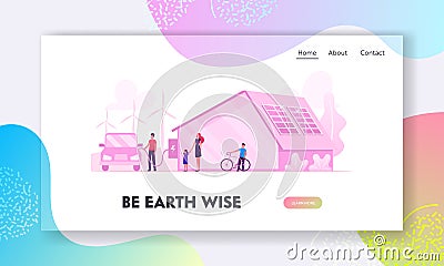 Eco House, Renewable Energy and Environment Protection Website Landing Page. Solar Panels on Building Roof Vector Illustration