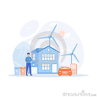 Eco house. Renewable energy. Eco-friendly architecture. Village life Vector Illustration