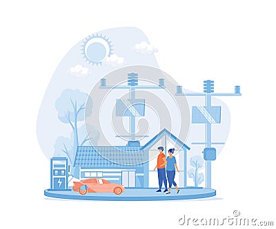 Eco house, Renewable energy. Eco-friendly architecture. Village life. Global Warming, zero waste, Vector Illustration