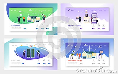 Eco House Renewable Energy Landing Page Set. Vote for Future and Build Home from Material and Technology Vector Illustration