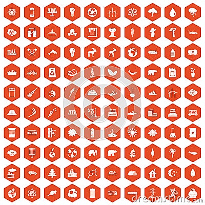 100 eco icons hexagon orange Vector Illustration