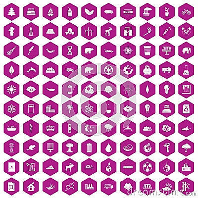 100 eco icons hexagon violet Vector Illustration