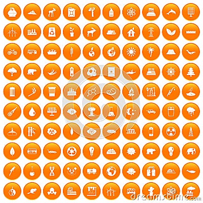 100 eco icons set orange Vector Illustration