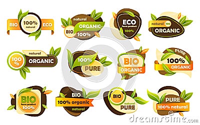 Eco labels and bio stickers, natural organic tags set. Vector Illustration