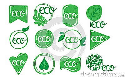 Eco labels. Oganic green circle frames with leaves and branches, bio products stamps collection, ecology friendly emblem set, Vector Illustration