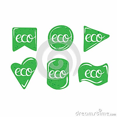 Eco labels. Oganic green geometric forms, bio products stamps collection, ecology friendly emblem set, quality product badge Vector Illustration