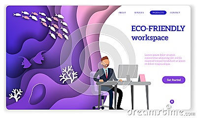 Eco landing. Modern violet gradients work room or office with ecologic workspace and trees for web page vector template Vector Illustration