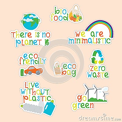 Eco lettering guotes on stickers set. Zero waste, live without plastis, eco bag, eco frendly, go green, we are Cartoon Illustration