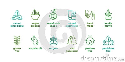 Eco line badge. Handmade eco logos, natural organic cosmetics vegan food symbols, Vector linear gluten free, no gmo Vector Illustration