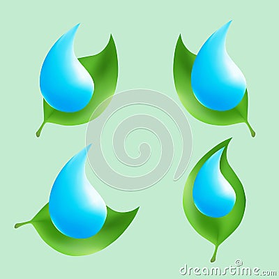 Eco logo. Organic vector logos. Blue drop of water on a green leaf. Isolated icons. Vector Illustration