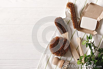 Eco natural coconut soap and brushes for washing dishes, eco fri Stock Photo