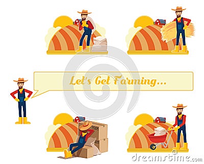 Eco natural organic farming and agriculture with farmers agricultural works and activity post-harvest Vector Illustration