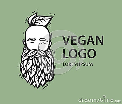 Eco nature logo. Hipster head with blooming beard with leafs on white background. Hand-Drawn Vector Illustration Vector Illustration