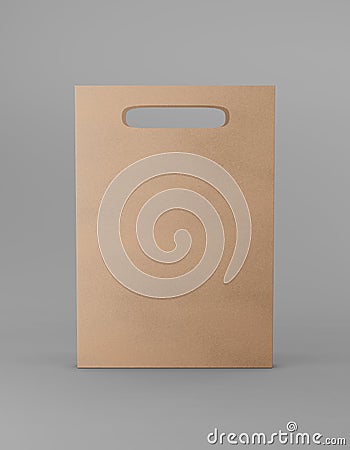 Eco packaging mockup bag kraft paper with handle front side. Standart medium brown template on gray background promotional Stock Photo