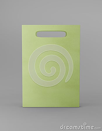 Eco packaging mockup bag kraft paper with handle front side. Standart medium green template on gray background promotional Stock Photo