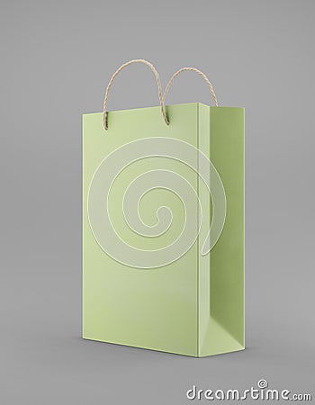 Eco packaging mockup bag kraft paper with handle half side. Standart medium green template on gray background promotional Stock Photo