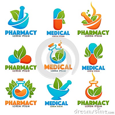 Eco Pharma bottles, Images of bottles, pounder, pills and green Leaves Vector Illustration