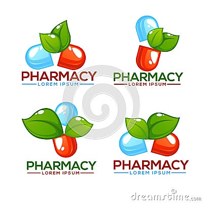 Eco Pharma, Glossy nd Shine Logo Template with Images of Pills a Vector Illustration
