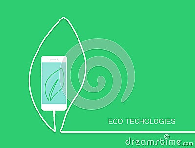 Eco phone charge, wire isolated on green background. Surprise banner, card, template for your design. Smartphone earphone. Vector Illustration