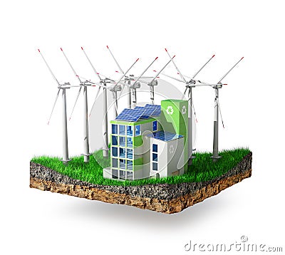 eco plant with wind turbines on a green island. Cartoon Illustration