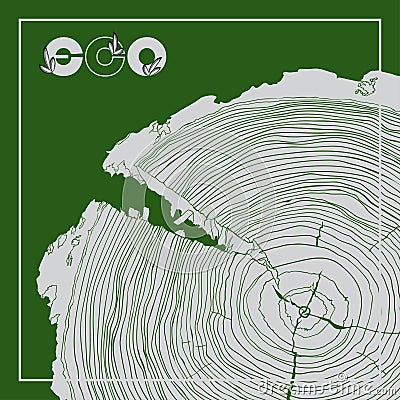 ECO poster with logo and Annual tree growth rings, grayscale drawing cross-section Cartoon Illustration