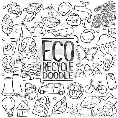 Eco Recycle ReuseTraditional doodle icon hand draw set Vector Illustration