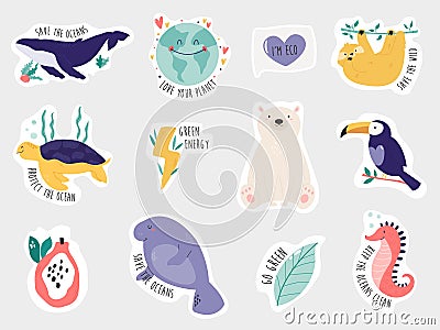 Eco set of colorful stickers. Green energy, save oceans, save the wild, sustainable living concept Vector Illustration