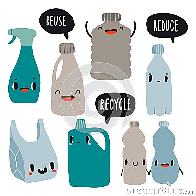 Eco set with cute plastic bag, bottles and speech bubbles Vector Illustration