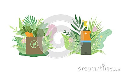 Eco Shopping Bag and Rechargeable Battery Among Green Foliage as Environmental and Ecology Protection Vector Set Vector Illustration