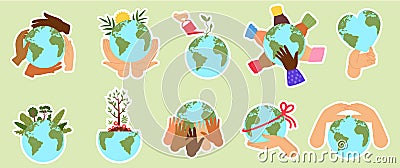 Eco stickers. People hold earth, nature climate change and ecology problen on planet badges. Protect environment Vector Illustration