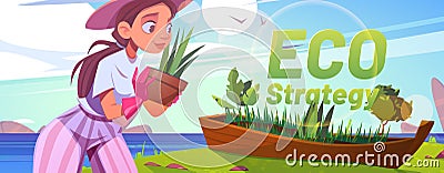 Eco strategy cartoon banner, woman planting trees Vector Illustration