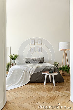 Eco style bedroom interior with a bed dressed in graphite linen and vanilla blanket. Herringbone wooden floor and high ceiling roo Stock Photo