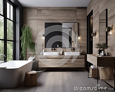 Eco style interior of a beautiful bathroom. White bathtub at the big panoramic window. Generative AI Stock Photo