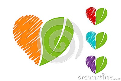 Hand drawn colorful Heart Eco emblem set with green organic leave. Vector Illustration