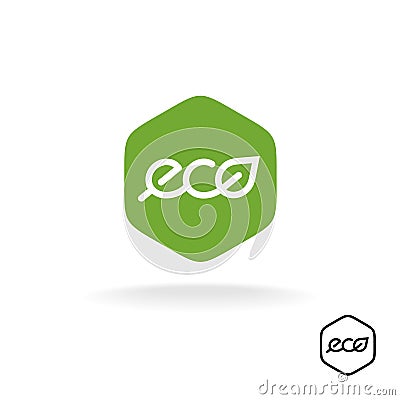 Eco text badge with green leaf. Linear style letters logo. Vector Illustration