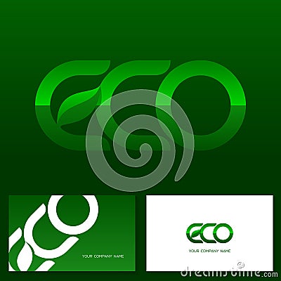 Eco text logo with green leaf. Ecology vector emblem. Business card templates. Vector Illustration