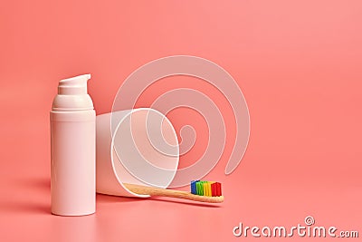 Eco toothbrush and face cream. Personal care tool for protect oral cavity and face care Stock Photo