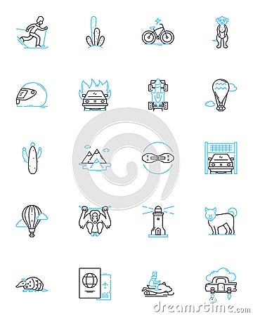 Eco-tourism linear icons set. Wilderness, Sustainability, Conservation, Adventure, Biodiversity, Nature, Wildlife line Vector Illustration