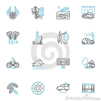 Eco-tourism linear icons set. Wilderness, Sustainability, Conservation, Adventure, Biodiversity, Nature, Wildlife line Vector Illustration