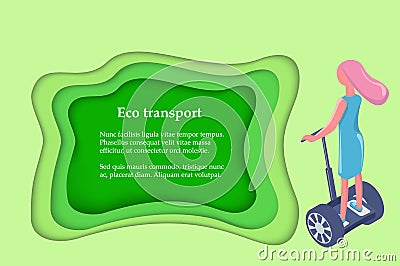 Eco Transport, Girl Ride on Gyro Scooter Back View Vector Illustration