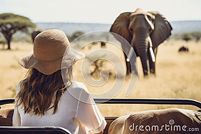 Woman tourist on a safari in Africa, traveling by car with an open roof. AI Generated Stock Photo