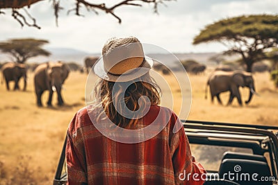 Woman tourist on a safari in Africa, traveling by car with an open roof. AI Generated Stock Photo