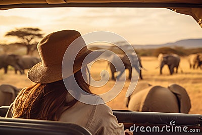 Woman tourist on a safari in Africa, traveling by car with an open roof. AI Generated Stock Photo