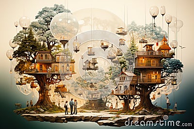 Eco village with tree houses in nature and light bulbs, mind full of ideas, brainstorming for sustainable, renewable solutions, Stock Photo