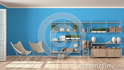 Eco white and blue interior design with wooden bookshelf, diy vertical garden storage shelving, living, lounge relax area with ar Stock Photo