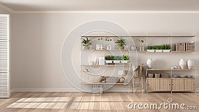Eco white interior design with wooden bookshelf, diy vertical ga Stock Photo
